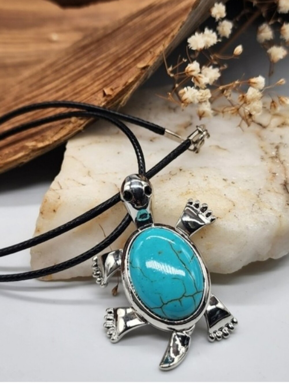 ❤️ Unique Boho Jewelry Large Turtle Turquoise Silver Pendant